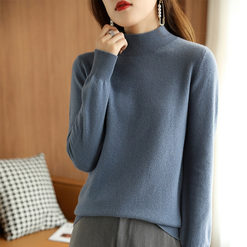 21 Autumn Winter New Half Turtleneck Sweater Women's Large Size Loose Basic Pure Color Wild Knitted Bottoming Shirt Soft Stretch