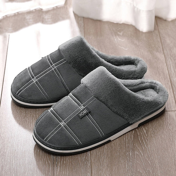 Men&#39;s slippers Winter Keep warm Gingham Suede Short plush Indoor shoes for male Non slip Memory Foam Soft Home Fur slippers men