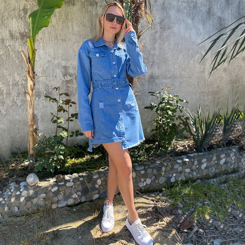 Women Casual blue Spring Denim Dress High Street TurnDown Collar Long sleeve Single pocket Dress 2021 Fashion Vintage Belt Dress