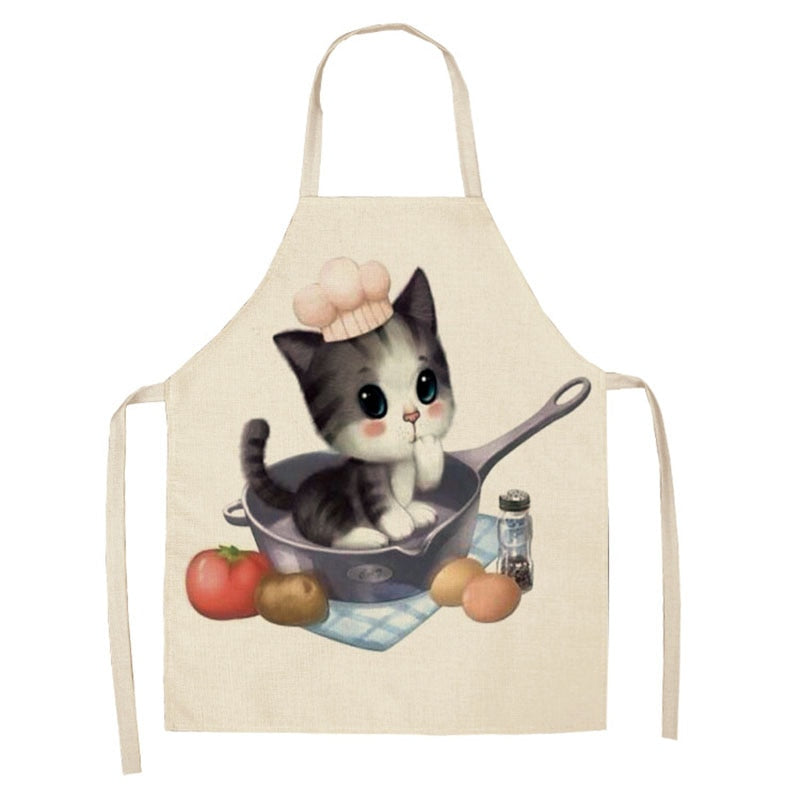 Kitchen Apron Home Cleaning Tools Cotton Linen Waterproof 68x55cm Sleeveless Waist Bib Easy Cleaning Cute Cartoon Cat Printed