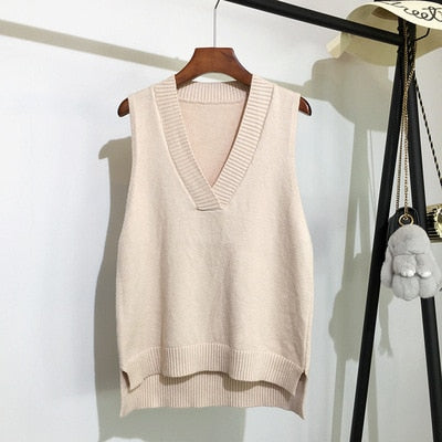 Autumn Women's Sweater Vest V-neck Sleeveless Irregular Casual Loose Knitted Pullover Tops Female Outerwear