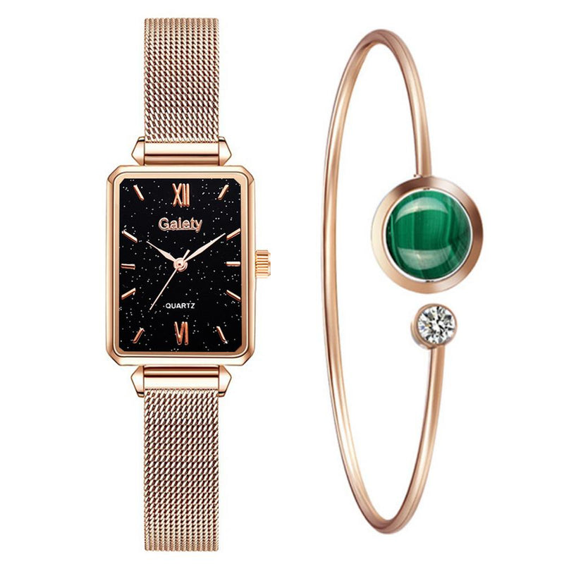 Gaiety Brand Women Watches Fashion Square Ladies Quartz Watch Bracelet Set Green Dial Simple Rose Gold Mesh Luxury Women Watches