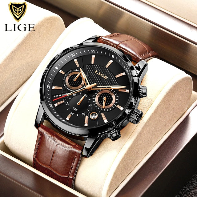 2022 New Mens Watches LIGE Top Brand Luxury Leather Casual Quartz Watch Men&