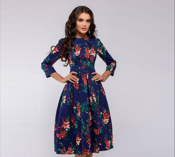 Hirigin Women Retro Tunic 3/4 Long Sleeved Floral Print Bodycon Dresses Vintage Dress Elegant Ladies Dress Party Dress