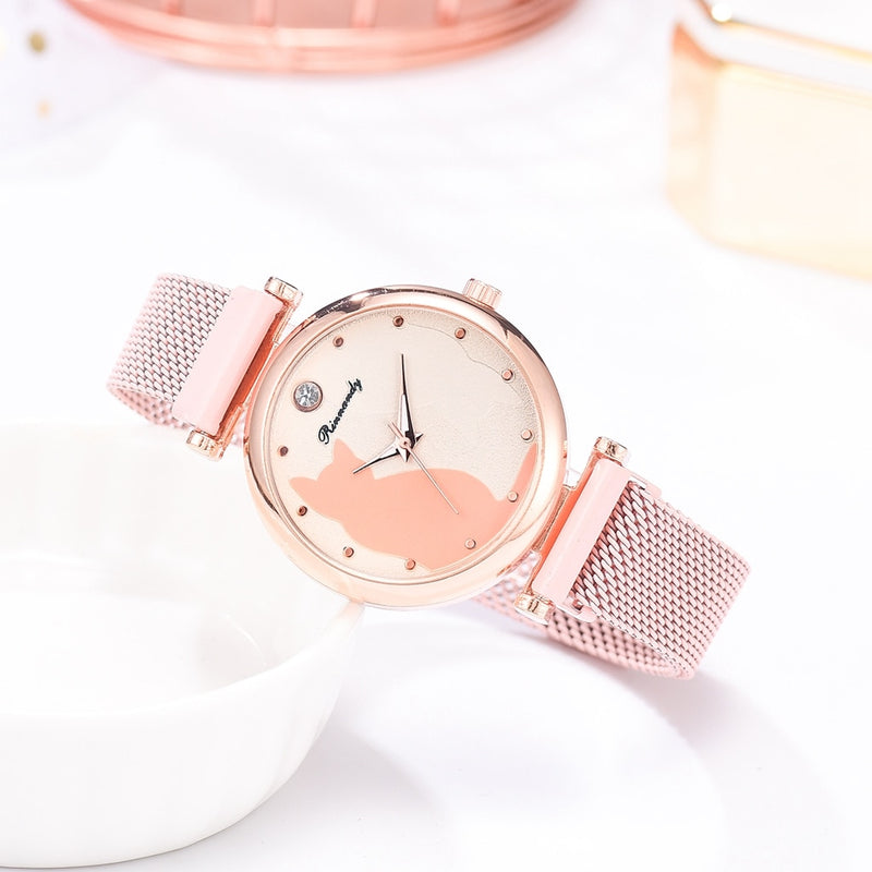 Fashion Watch Set Women 5pcs Quartz Wristwatch Mesh Bracelet Cat Dial Luxury Woman Watch Casual Ladies Clock Relogio Femenino