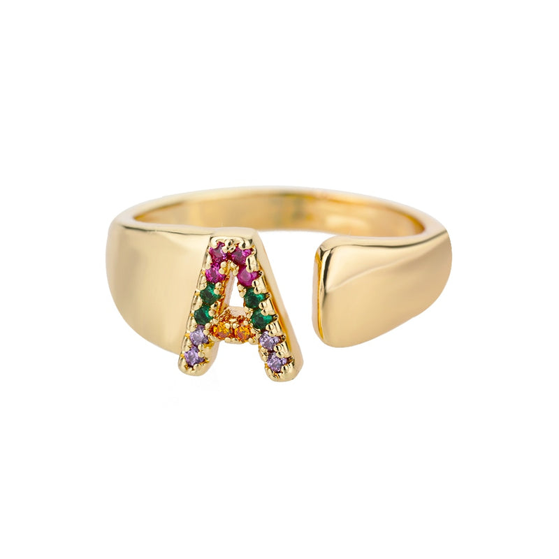 Rainbow Zircon Letter Rings For Women Stainless Steel A-Z Initial Ring Adjustable Finger Ring Wedding Couple Rings Boho Jewelry