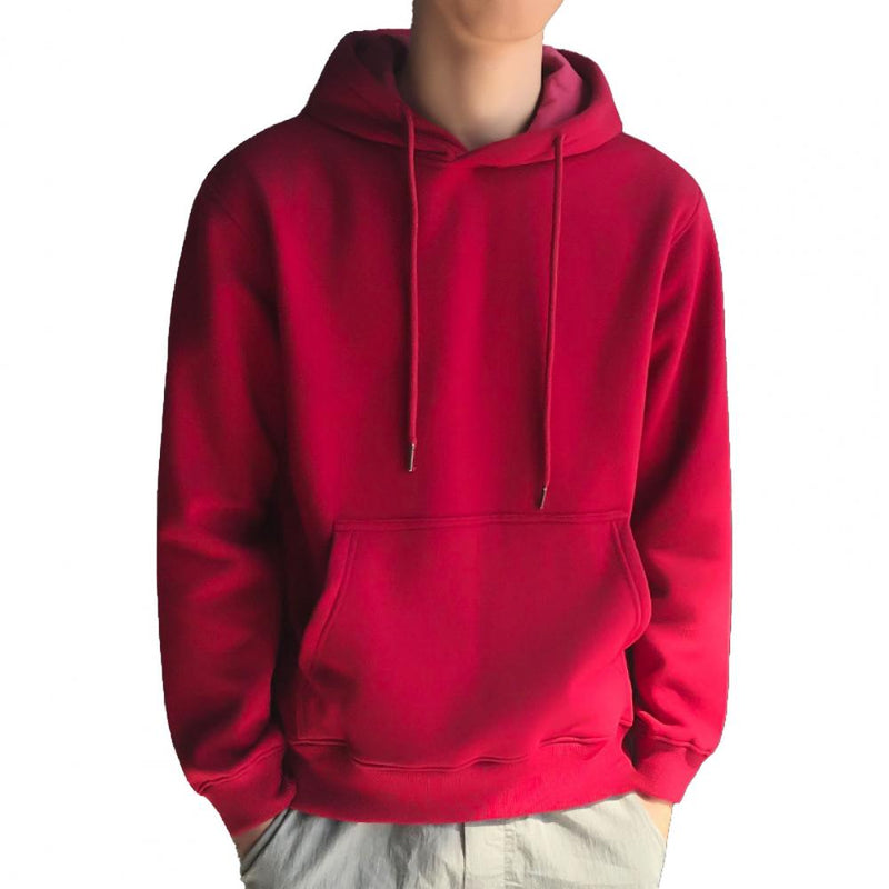 Men Hoodie Solid Color Ribbed Cuff Autumn Winter Drawstring Warm Sweatshirt for Daily Wear