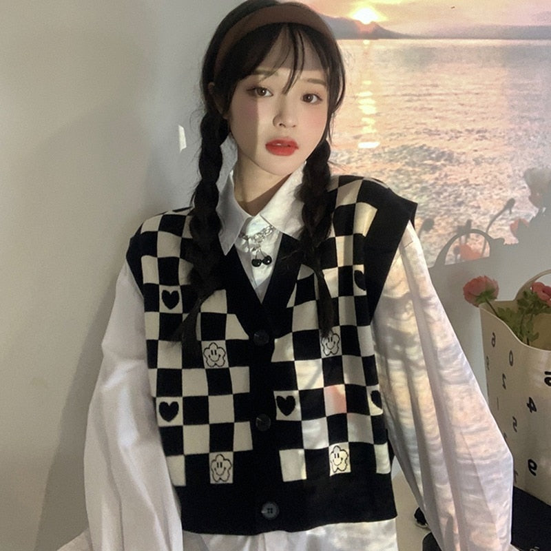 Checkerboard Plaid Sweater Vest For Women Vintage Print Knitted Mini Vest Casual Streetwear Harajuku Clothing Autumn Top