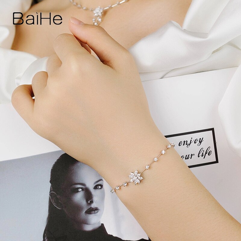 BAIHE Solid 18K White Gold H/SI Natural Diamond Luxury Flower Bracelet Women Trendy Fine Jewelry pulseras mujer браслеты браслет