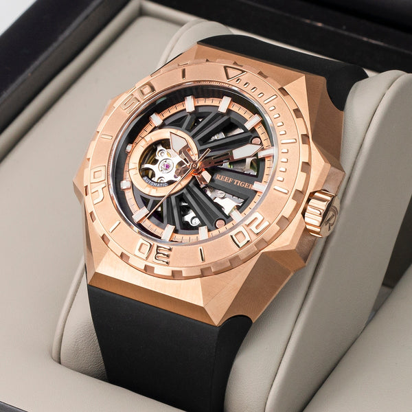 Reef Tiger/RT Luxury Brand Sport Watches Rose Gold Automatic Mechanical Skeleton Military Leather Watch Accessories RGA6903-S