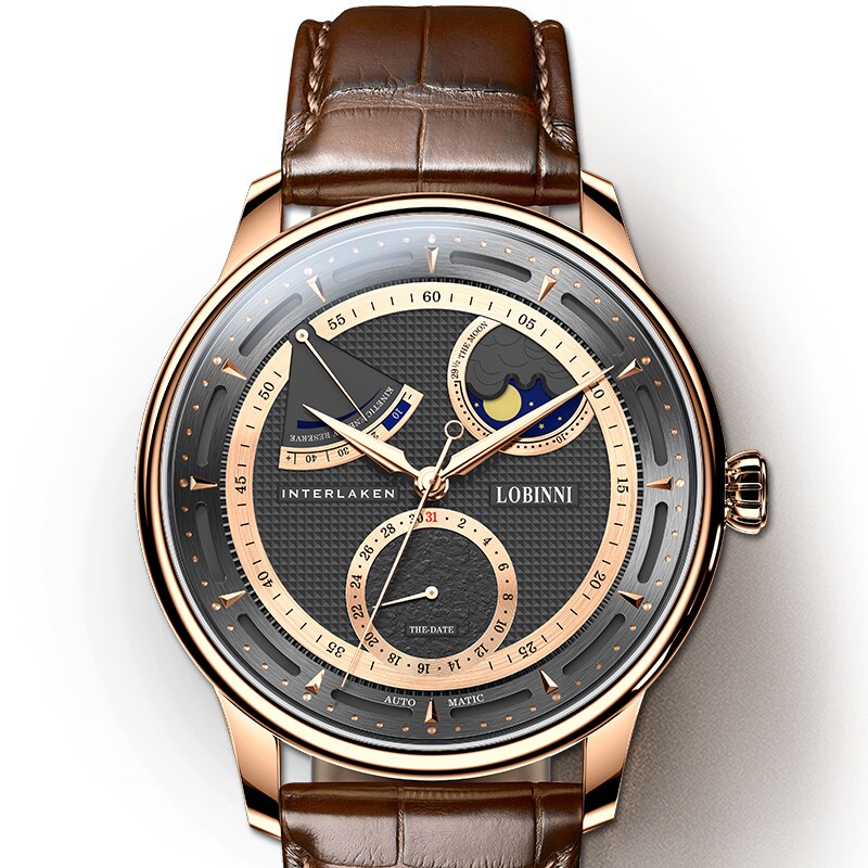 LOBINNI Luxury Mens Watches Moon Phase Men Automatic Watch Mechanical Wristwatch Sapphire Mirror Power Reserve Leather Strap
