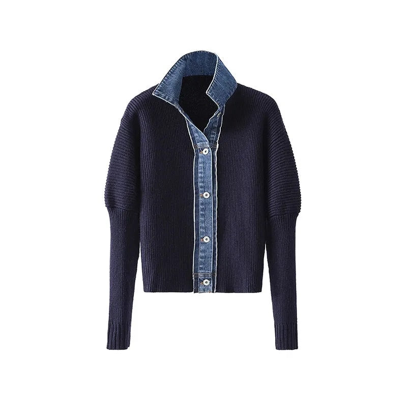 Korean Fashion Sweater Jacket Spring Autumn Denim Patchwork Knitted Cardigan Turn-Down Collar Single Breasted Vingtage Knit Coat