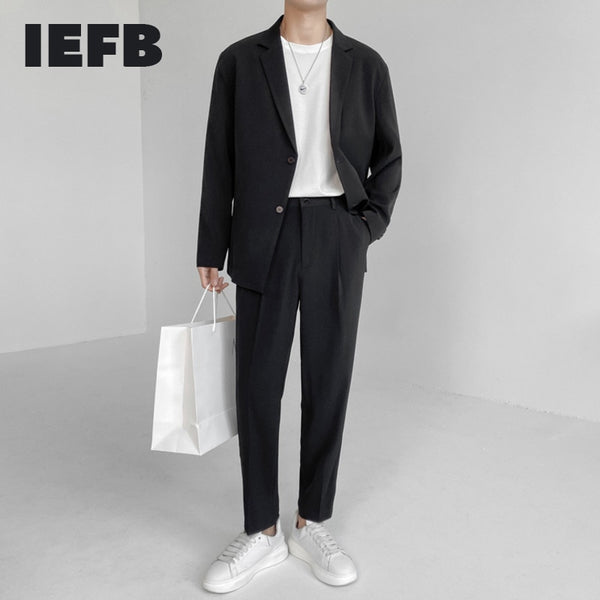 IEFB Men's Suit Two Pieces Set Simple Light Mature Loose Long Sleeve Suit Coat + Suit Pants Green High Quality New 2022 9Y8066