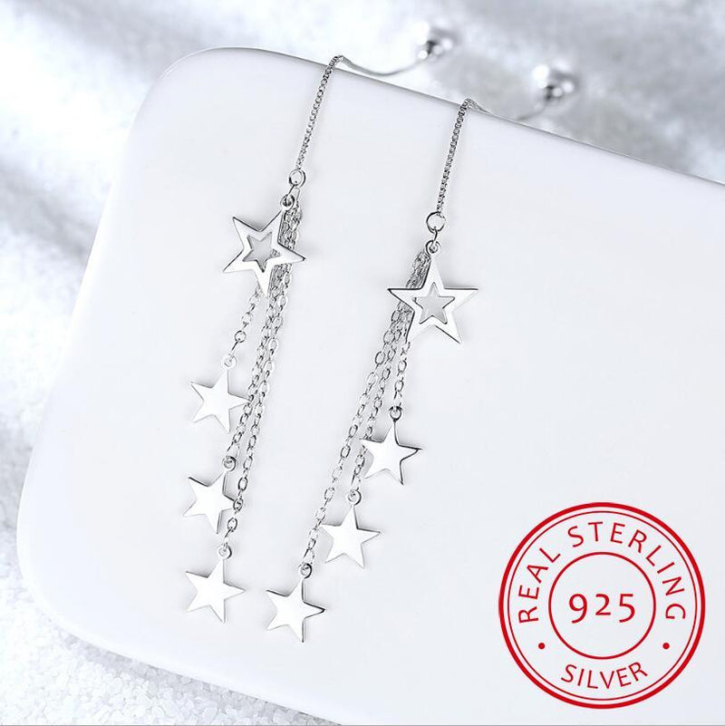 Fashion Genuine 925 Sterling Silver Line Wave Stars Chain Drop Earrings for Women Sterling Silver Jewelry