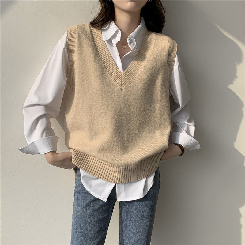 Autumn Women's Sweater Vest V-neck Sleeveless Irregular Casual Loose Knitted Pullover Tops Female Outerwear