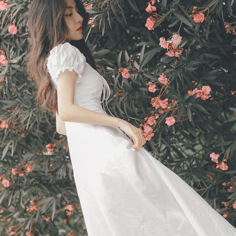 Elegant Fairy Dress Women White French Puff Sleeve Chiffon Dress Korean Japan Style Sweet Vintage Retro Summer Dress 2020