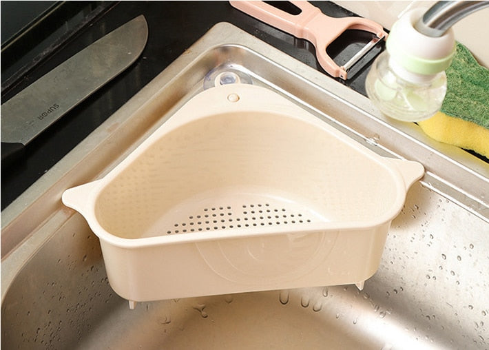 Kitchen Triangular Sink Strainer Drain Fruit Vegetable Drainer Sponge Rack Storage Tool Basket Suction Cup Sink Filter Rack Tool