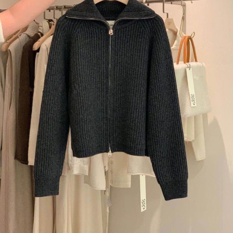 Sweater Cardigan Women Spring New Solid Vintage All-match Elegant Zipper Loose Daily Soft Sweet Simple Casual Knitwear Chic Teen