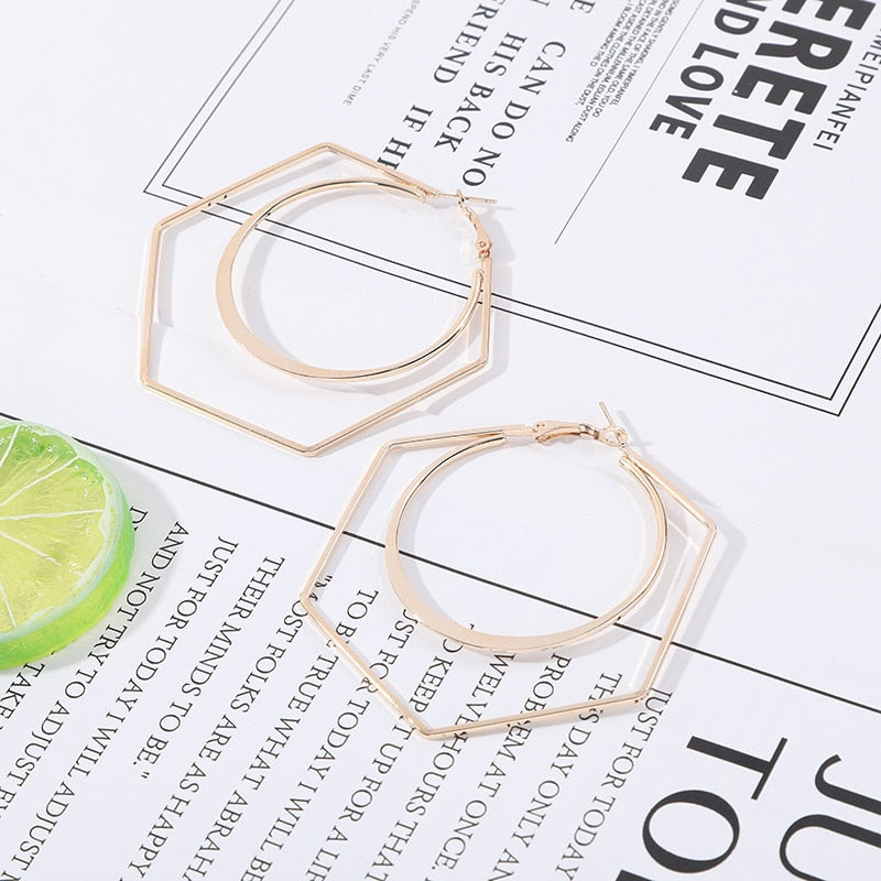 Big Hexagon Hoop Earrings for Women Exaggerated Hollow Geometric Statement Earrings Gold Color Metal Hoop Earrings pendientes