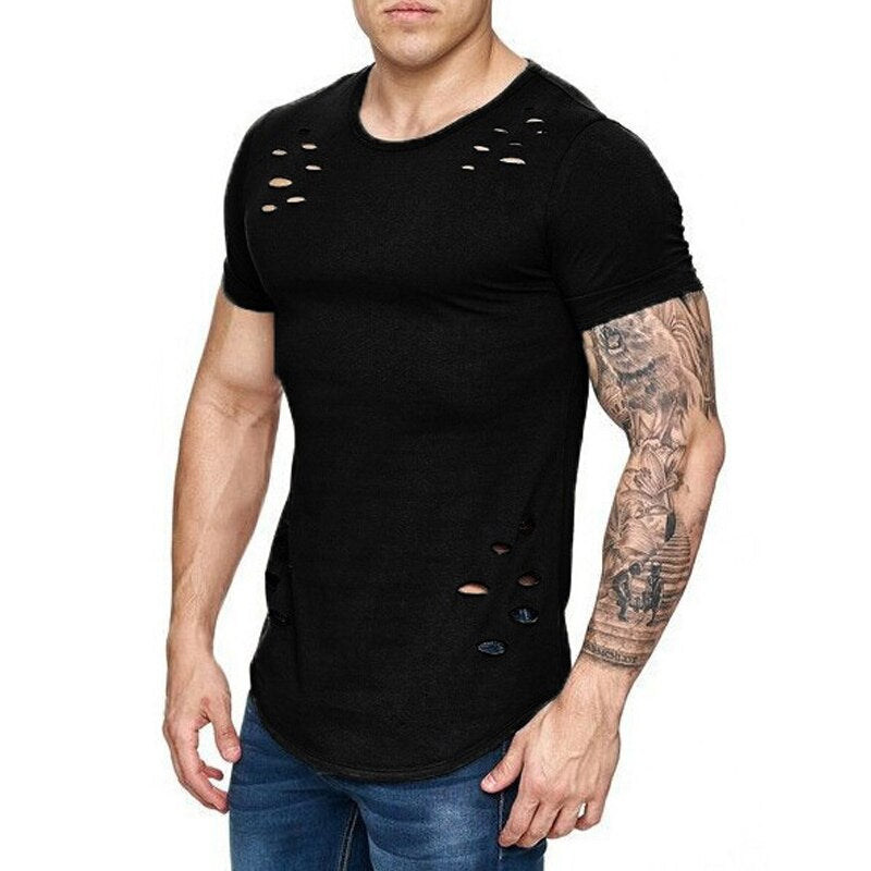 IceLion 2021 New Spring Short T Shirt Men Fashion Hole Design Fitness T-shirt Summer Short Sleeve Solid Slim Fit Hip Hop Tshirt