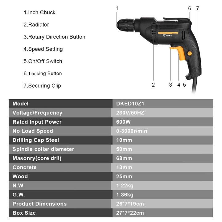 DEKO DKED10Z1 220V Electric Screwdriver 2 Functions Electric Drill Machine Power Tools Electric Tools