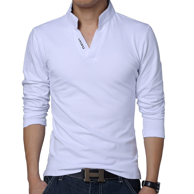 2022 T-Shirt Men Spring Cotton T Shirt Men Solid Color Tshirt Mandarin Collar Long Sleeve Top Men Brand Slim Fit Tee Shirts 5XL