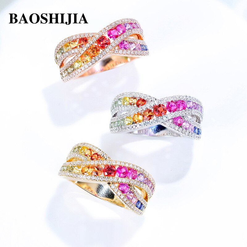 BAOSHIJIA Solid 18k Gold Color Sapphires Diamonds Ring X-shaped Cross Ladies Band Jewelry Atmosphere Luxury Antique