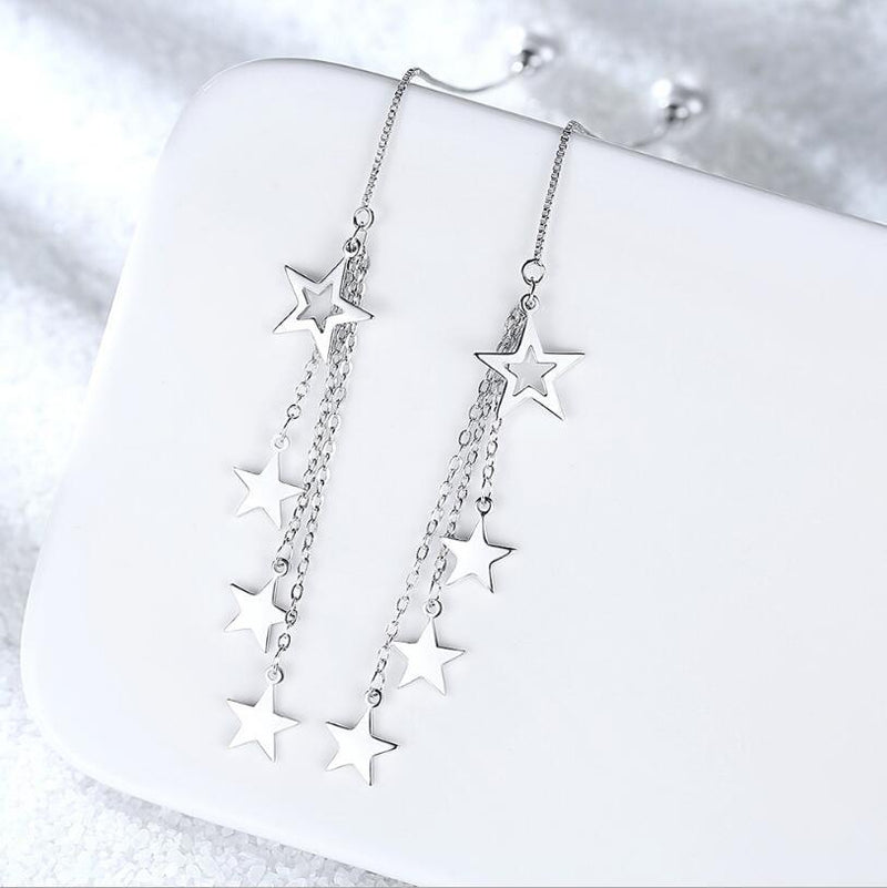 Fashion Genuine 925 Sterling Silver Line Wave Stars Chain Drop Earrings for Women Sterling Silver Jewelry