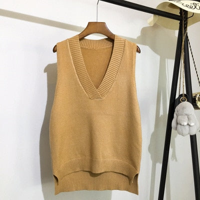 Autumn Women's Sweater Vest V-neck Sleeveless Irregular Casual Loose Knitted Pullover Tops Female Outerwear