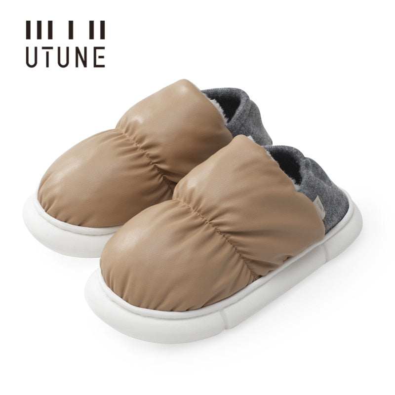 UTUNE Toast Winter Women Slippers Bread Shoes Outside Indoor Home Shoes Men PU Warm Plush Dual Purpose EVA Thick Sole Non-slip