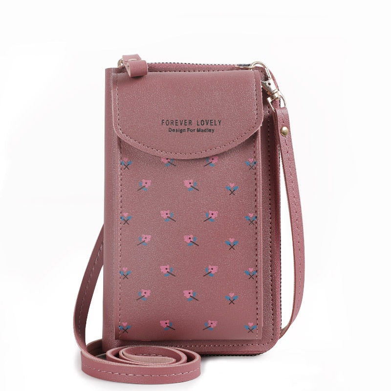 2022 Women Wallet Flower Print Leather Shoulder Straps Shoulder Bag Mobile Phone Big Card Holders Wallet Handbag Pockets Girls