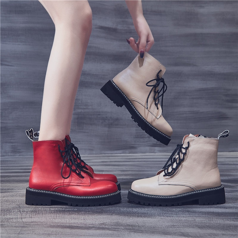 MORAZORA 2022 Genuine leather boots women shoes thick sole lace up autumn winter short ankle boots for women motorcycle boots