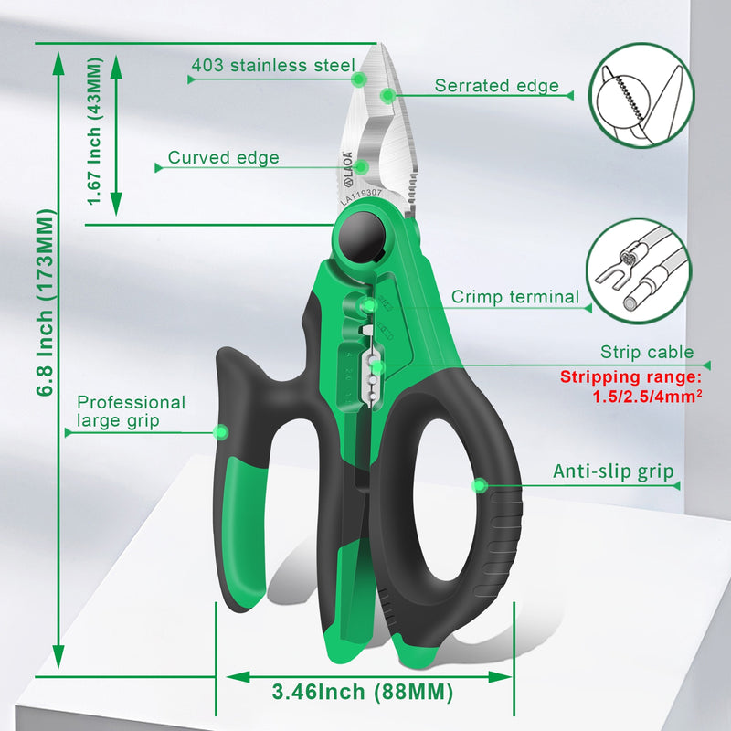 LAOA 7 Inch Electrician Scissors 1.5-4mm² Wire Cutter Stripping Cutting Terminal Crimping Household Shears Tools