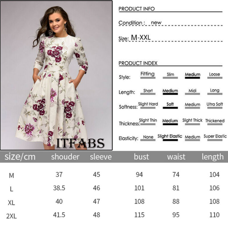 Hirigin Women Retro Tunic 3/4 Long Sleeved Floral Print Bodycon Dresses Vintage Dress Elegant Ladies Dress Party Dress