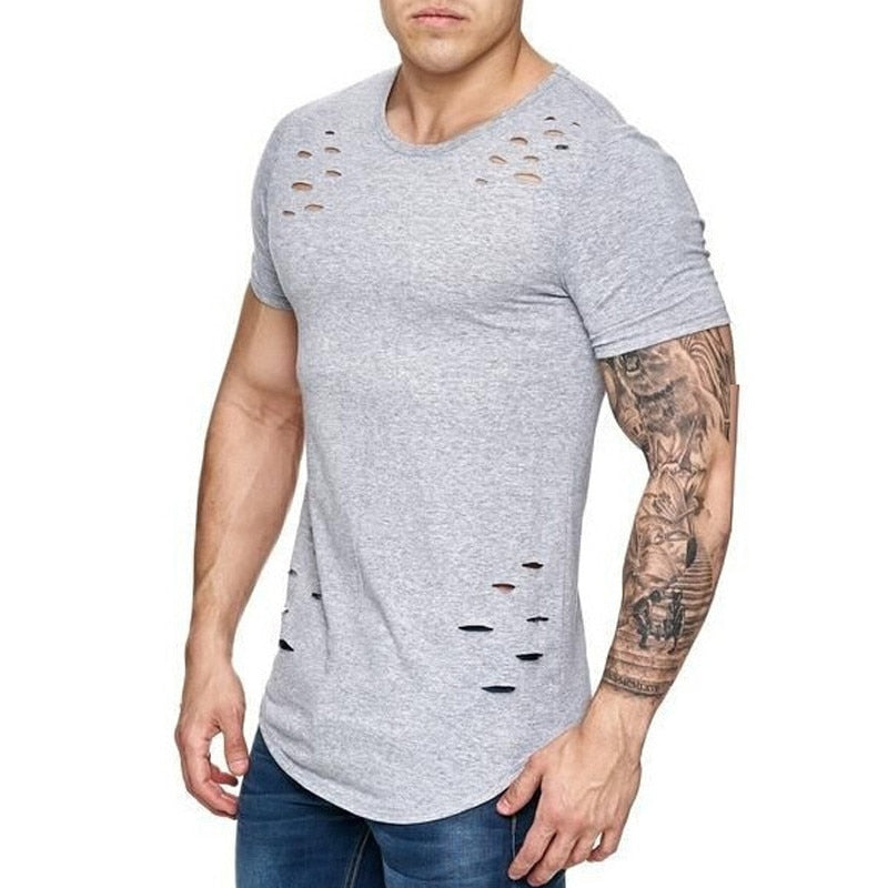 IceLion 2021 New Spring Short T Shirt Men Fashion Hole Design Fitness T-shirt Summer Short Sleeve Solid Slim Fit Hip Hop Tshirt