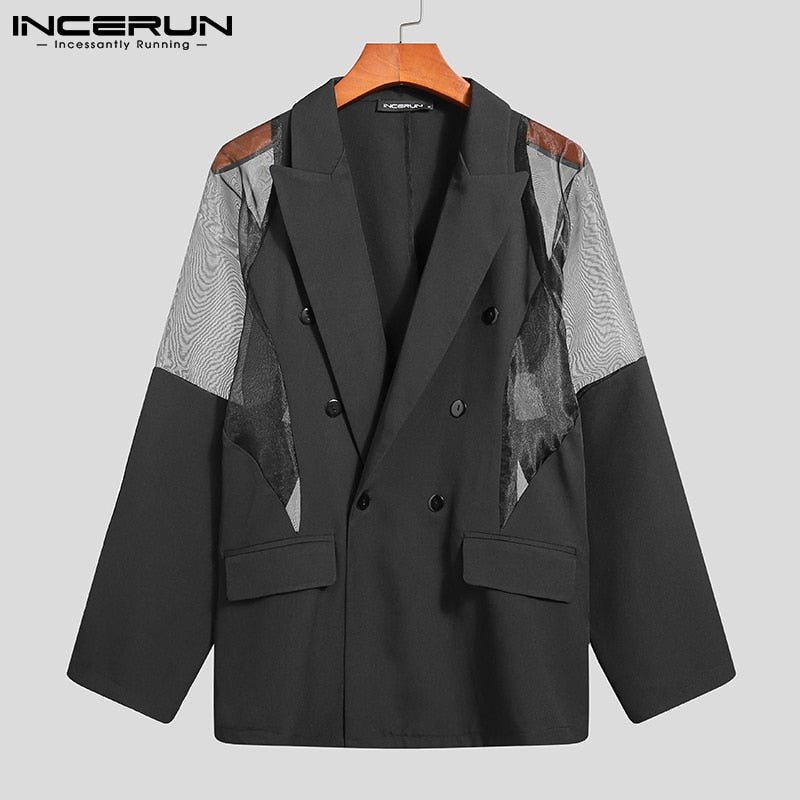 Men Blazer Mesh Patchwork See Through Streetwear Double Breasted Lapel Long Sleeve Outerwear Fashion Men Casual Suits INCERUN