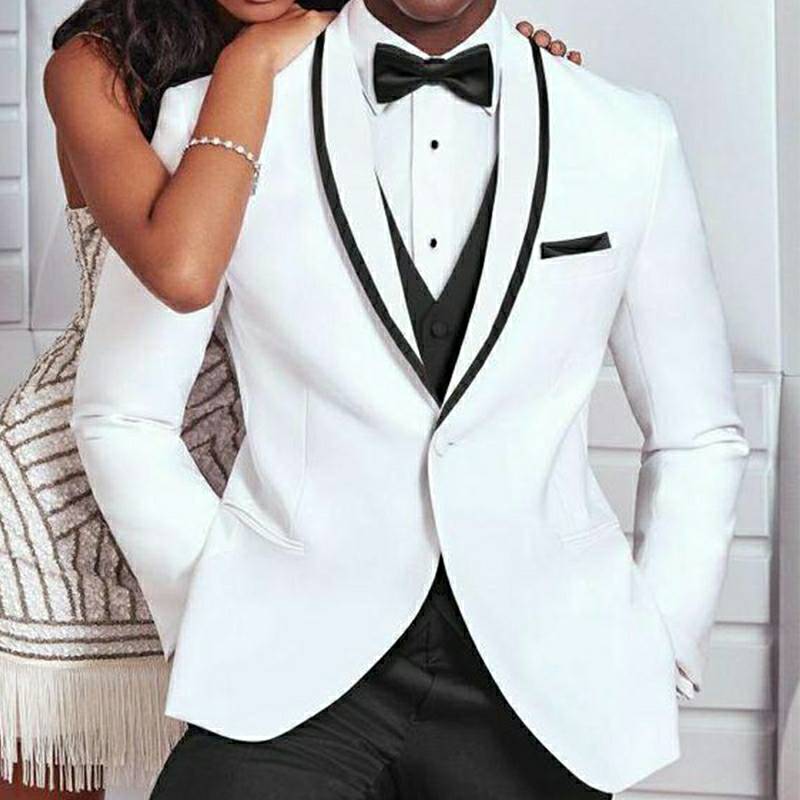 White and Black Wedding Tuxedo for Groom 3 Piece Slim Fit Men Suits Male Fashion Costume Jacket with Pants Vest New Arrival
