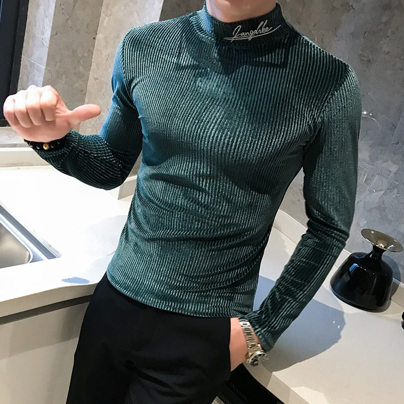 British Style Men T Shirt Autumn New Knitted T-Shirts Mens Long Sleeve Streetwear Slim Fit Casual Turtleneck Bottom Tees Shirts