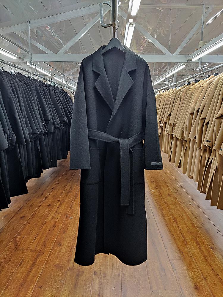 2021 Korea Autumn And Winter New Woolen Overcoat Women X-Long Loose Lacing Belt Black Gray Double Sided 100% Wool Coat Jacket