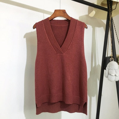 Autumn Women's Sweater Vest V-neck Sleeveless Irregular Casual Loose Knitted Pullover Tops Female Outerwear