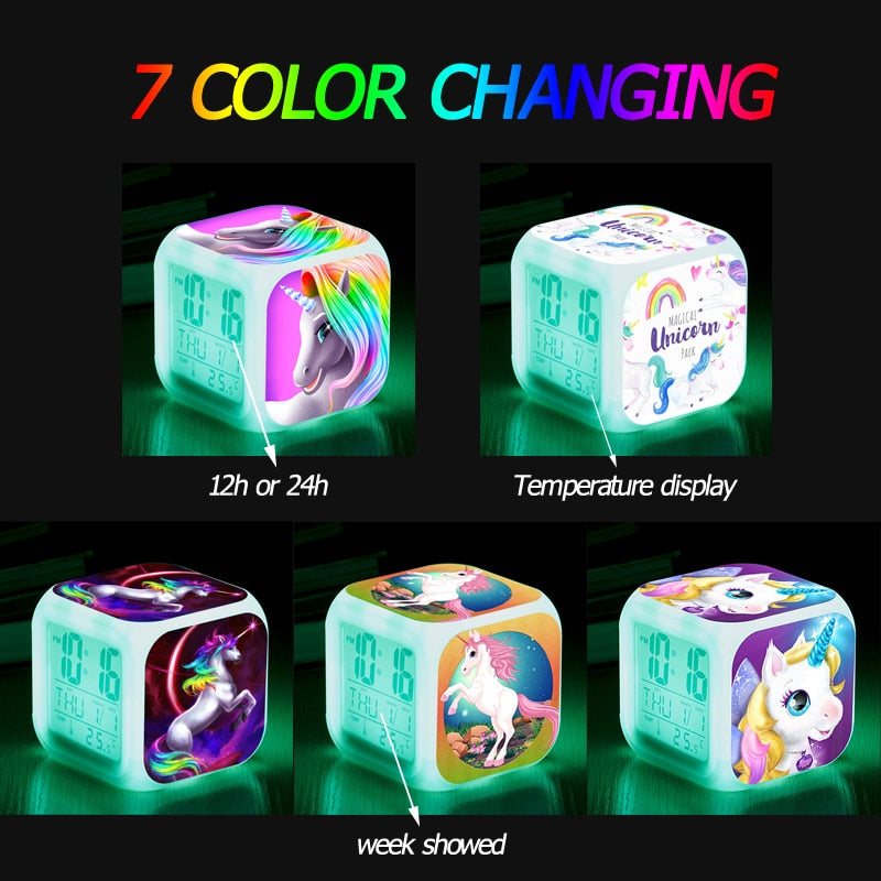 Children Cartoon Unicorn Alarm Clock 7 Led Night Light Desk Clocks Date Temperature despertador Unicornio Kids Birthday Gifts