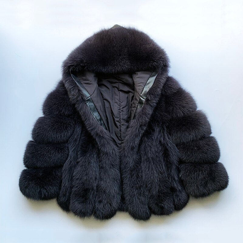 rf1991 Super Warm Women's Fashion Fox Fur Coat with Big Hood Genuine Leather Woman's Real Fur Jacket for Winter