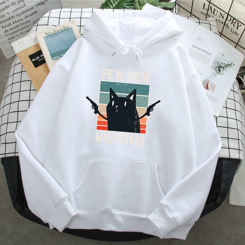 Pew Pew Madafakas Black Cat Funny Print Mens Hoodie Harajuku Ullzang Streetwear Anime Sweatshirt Warm Casual Oversized Hoody