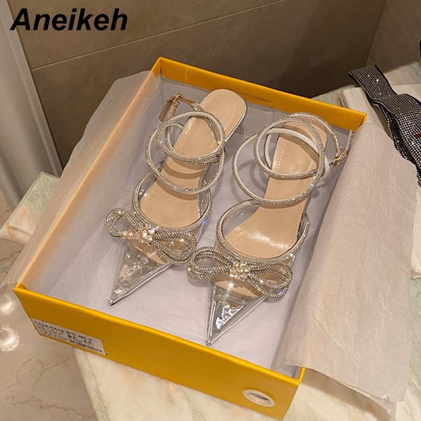 Aneikeh Spring/Autumn 2023 Women&#39;s Shoes Fashion Butterfly-Knot Narrow Band Bling Patchwork Cross-Tied Crystal Pointed Toe Pumps