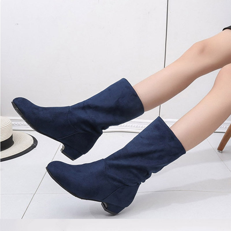 2022 Autumn Winter Women Boots Mid-Calf Martin Boots Brand Fashion Female Stretch Cotton Fabric Slip-on Boots Flat Shoes Woman