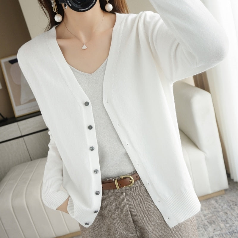 Spring Autumn New V-Neck Knitted Cardigan Women's Loose Large Size Thin Sweater All-Match Jacket Pure Color Basic Small Cardigan