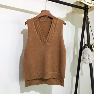 Autumn Women's Sweater Vest V-neck Sleeveless Irregular Casual Loose Knitted Pullover Tops Female Outerwear