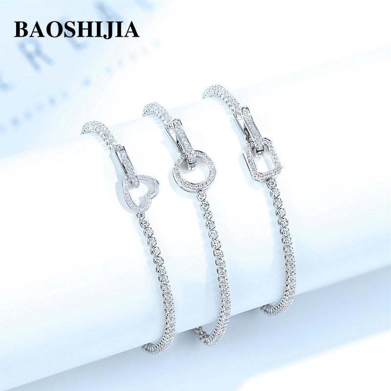 BAOSHIJIA Fashion Solid 18k White Gold Heart/Square/Round Diamonds Bracelet Luxurious Fine Jewelry Polish Shank Brilliant