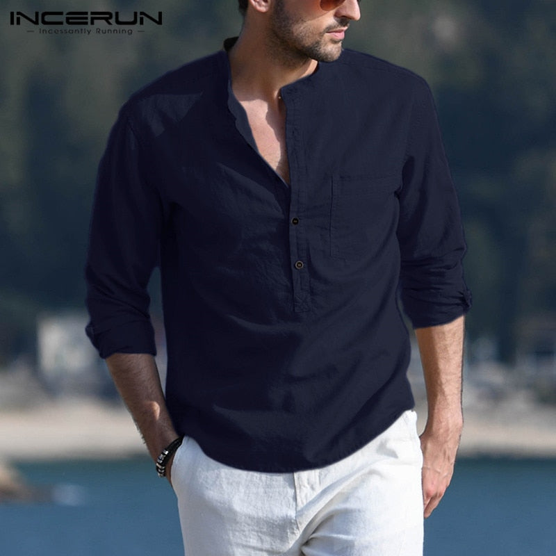 INCERUN Men's Casual Shirt Cotton Solid Color Long Sleeve Blouse Chic Stand Collar Fashion Handsome Tops 2022 Streetwear Camisas