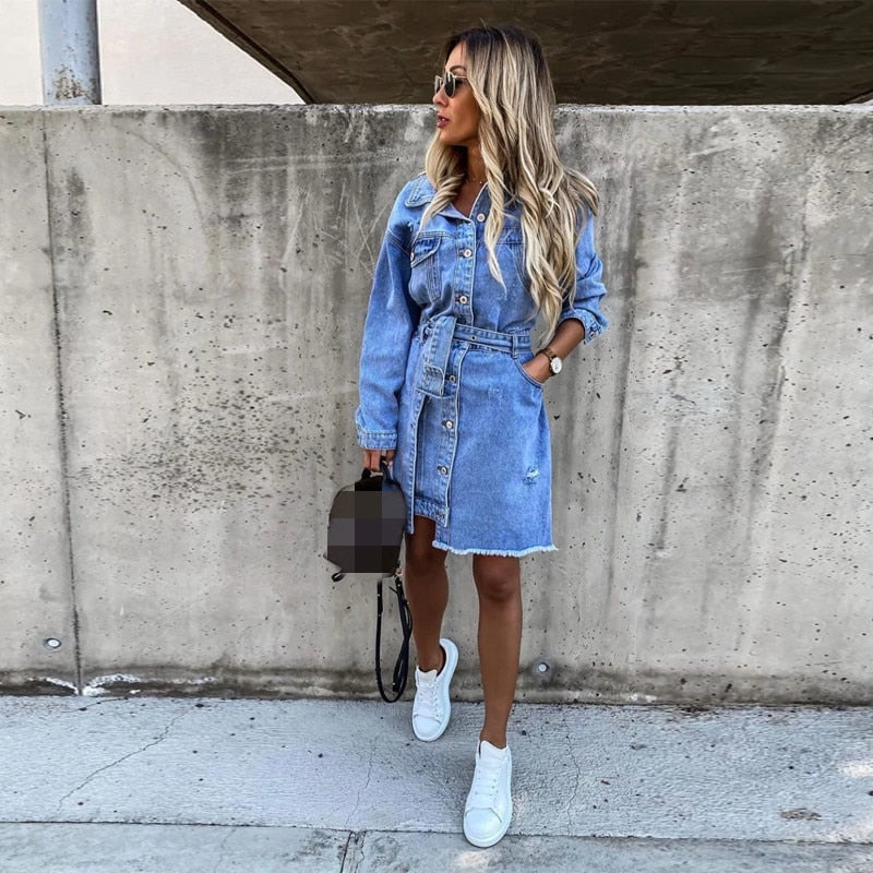 Women Casual blue Spring Denim Dress High Street TurnDown Collar Long sleeve Single pocket Dress 2021 Fashion Vintage Belt Dress